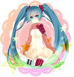  54bane aqua_eyes aqua_hair hatsune_miku long_hair mismatched_legwear scrunchie solo striped striped_legwear thighhighs twintails vertical-striped_legwear vertical_stripes very_long_hair vocaloid 