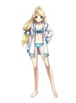  absurdres alternate_costume aqua_eyes arm_behind_back atelier_(series) atelier_marie bangs barefoot bikini bikini_under_clothes blonde_hair blue_bikini breasts cleavage cross_edge earrings feet front-tie_top full_body hair_bobbles hair_ornament highres hirano_katsuyuki hood hoodie jacket jewelry legs long_hair looking_at_viewer low-tied_long_hair marie_(atelier) medium_breasts navel official_art open_clothes open_jacket parted_bangs ponytail quad_tails simple_background smile solo standing striped striped_bikini swimsuit swimsuit_under_clothes unzipped white_background zipper 