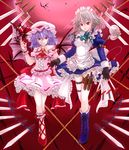  bat_wings braid chain fingerless_gloves gloves hat highres holster izayoi_sakuya knife lavender_hair maid maid_headdress mickey_dunn moon multiple_girls pocket_watch red_eyes red_moon remilia_scarlet revision short_hair silver_hair thigh_holster touhou twin_braids watch wings 