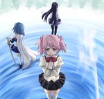  akemi_homura black_hair blue_hair cape elbow_gloves gloves hair_ribbon highres kaname_madoka kanata_ryou long_hair mahou_shoujo_madoka_magica miki_sayaka mitakihara_school_uniform multiple_girls pantyhose pink_eyes pink_hair ribbon school_uniform short_hair short_twintails skirt sword thighhighs twintails weapon zettai_ryouiki 