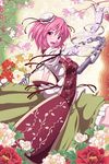  &gt;:) :d amputee bandages blush breasts bun_cover chain cherry_blossoms china_dress chinese_clothes dissolving double_bun dress false_arm false_limb fan flower highres ibaraki_kasen medium_breasts nikka_(cryptomeria) open_mouth peony_(flower) pink_eyes pink_hair rose short_hair smile solo tabard touhou v-shaped_eyebrows 