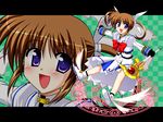  blue_eyes brown_hair fingerless_gloves gloves highres lask long_hair lyrical_nanoha magic_circle mahou_shoujo_lyrical_nanoha raising_heart solo staff takamachi_nanoha twintails zoom_layer 