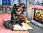  ayame_emaya black black_hair breasts canine eyes_closed female fire fox hair indoors licking long_black_hair long_hair male moon orange penetration red sex sitting straight tail tongue wolf 