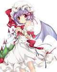  adapted_costume bad_id bad_pixiv_id bare_shoulders bat_wings castle hands_clasped hat lavender_hair light_smile own_hands_together red_eyes remilia_scarlet short_hair simple_background smile solo tareme touhou tree wings yumesato_makura 