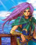  androgynous cape cloud day faris_scherwiz final_fantasy final_fantasy_v green_eyes headband long_hair lowres ocean oekaki poo-kame purple_hair reverse_trap sky sleeveless smile solo sunlight wind 