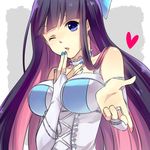  bad_id bad_pixiv_id between_breasts blue_eyes bracelet breasts bridal_gauntlets choker finger_to_mouth frills heart jewelry large_breasts long_hair multicolored_hair one_eye_closed panty_&amp;_stocking_with_garterbelt solo stocking_(psg) two-tone_hair upper_body washi_(micino) 