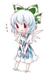  1girl bad_id bad_pixiv_id bare_legs between_legs blue_dress blue_hair blush bow check_translation chibi cirno dress hair_bow hand_between_legs have_to_pee kuromame_(8gou) open_mouth solo touhou translation_request trembling wings 