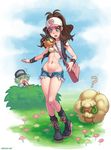  1girl :d ? blood blue_eyes blush bra breasts bush curvy cutoffs day denim denim_shorts gen_5_pokemon green_eyes green_hair groin hat highres lingerie midriff n_(pokemon) navel nosebleed open_mouth outdoors panties pokemon pokemon_(creature) pokemon_(game) pokemon_bw ponytail shirt_lift short_shorts shorts slender slender_waist smile speh stomach tepig touko_(pokemon) underwear whimsicott wide_hips 