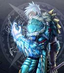  armor electricity green_eyes highres male_focus monster_hunter monster_hunter_portable_3rd silver_hair solo uodo weapon zinogre_(armor) 