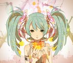  alternate_hairstyle aqua_hair bad_id bad_pixiv_id bare_shoulders earrings fingernails grey_eyes hatsune_miku heart jewelry long_hair outstretched_hand solo twintails unino_(unino_sachi) vocaloid 