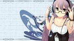  alternate_costume animal_ears bad_id bad_pixiv_id bare_shoulders bespectacled breasts casual character_name cleavage contemporary feathers glasses grey_eyes hat headphones highres kuroi_mizore large_breasts mystia_lorelei purple_hair short_hair smile solo touhou wallpaper wings 