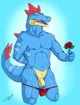  2011 alligator anthro balls biceps blue_body feraligatr flaccid flower gradient_background hand_behind_back looking_at_viewer male muscles nintendo nude open_mouth pecs penis pinup plain_background pok&#233;mon pok&#233;morph pokemon pose red_underwear reptile revadiehard rose scalie speedo spines swimsuit thong video_games yellow_eyes 