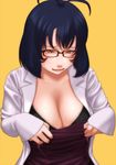  adjusting_clothes antenna_hair black_hair bra breasts cecile-sensei cleavage dress glasses kamisuki labcoat large_breasts lingerie open_clothes open_shirt original shirt solo strap underwear yellow_eyes 