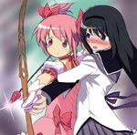  akemi_homura arrow black_hair blush bow_(weapon) deathmegane derivative_work gloves hair_ribbon hairband kaname_madoka long_hair magical_girl mahou_shoujo_madoka_magica multiple_girls pink_eyes pink_hair purple_eyes ribbon short_hair short_twintails twintails weapon white_gloves 