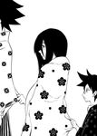  2boys :t black_hair blanket child glasses greyscale hakama height_difference itoshiki_majiru itoshiki_nozomu japanese_clothes kimono komori_kiri long_hair male_focus messy_hair monochrome multiple_boys profile sayonara_zetsubou_sensei short_hair simple_background sleeve_tug 