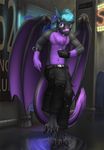  black_dragon blue_eyes blue_hair claws clothing dragon english_text hair male pants puddle purple purple_body scalie solo standing text vader-san water wings 