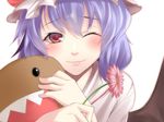  bad_id bad_pixiv_id bat_wings blush doll doll_hug domo-kun face flower hat highres lips nippon_housou_kyoukai one_eye_closed pink_eyes purple_hair red_eyes remilia_scarlet short_hair smile solo tears touhou wings yamane_akira 