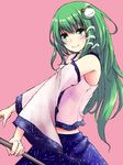  blush detached_sleeves frog_hair_ornament green_eyes green_hair hair_ornament hanamuke highres kochiya_sanae long_hair midriff pink_background smile snake_hair_ornament solo touhou 