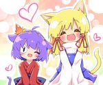  :3 alternate_costume animal_ears ayakashi_(monkeypanch) blonde_hair cat_ears cat_tail closed_eyes fang heart japanese_clothes kemonomimi_mode moriya_suwako multiple_girls no_hat no_headwear one_eye_closed open_mouth purple_hair slit_pupils smile snake-eyed_kanako tail touhou yasaka_kanako younger 