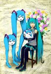  aqua_hair baby detached_sleeves family flower hatsune_miku horror_(theme) if_they_mated long_hair necktie shiteyan'yo sitting skirt smile soga_kayoko thighhighs twintails vocaloid what 