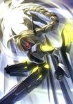  ahoge armor blazblue blonde_hair braid garuku hair_weapon lambda-11 long_hair solo visor weapon 