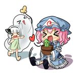  &gt;_&lt; bangs blunt_bangs bob_cut cactus chibi closed_eyes eating flower_pot ghost hairband hat heart hitodama japanese_clothes konpaku_youmu konpaku_youmu_(ghost) mary_janes multiple_girls naked_towel pink_hair saigyouji_yuyuko shoes short_hair silver15 silver_hair sitting tears touhou towel triangular_headpiece white_hair 