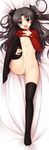  bed black_legwear blue_eyes blush breasts censored dakemakura-koubou dakimakura fate/stay_night fate_(series) full_body leg_lift long_legs lying naughty_face nipples no_shoes on_back open_mouth pussy shirt_lift small_breasts solo sweater thighhighs toosaka_rin turtleneck vivi_(dakemakura) 