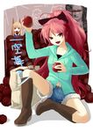  apple arm_up bad_id bad_pixiv_id bag bar_censor boots bow censored chagen_kokimu crossover death_note denim denim_shorts eating food fruit hair_bow holding holding_food holding_fruit holo identity_censor isaac_newton long_hair mahou_shoujo_madoka_magica navel ponytail red_eyes red_hair ryuk sakura_kyouko shorts solo spice_and_wolf trait_connection translated 