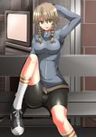  amane_suzuha bench bike_shorts braid breasts brown_hair female footwear ment open_mouth outdoors sitting smile socks solo steins;gate television track_jacket twin_braids yellow_eyes 