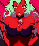  artist_request bare_shoulders between_breasts breasts catherine_(game) catherine_cover_parody collar fangs green_hair horns kneesocks_(psg) large_breasts lipstick makeup minigirl multiple_girls nail_polish panty_&amp;_stocking_with_garterbelt parody person_between_breasts red_skin scanty_(psg) teeth thumbs_up undressing yellow_eyes 