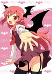  absurdres ass bat bat_wings beckoning black_hair black_legwear demon_tail head_wings highres koakuma long_hair necktie no_panties outstretched_hand pointy_ears red_eyes red_hair red_neckwear solo tail thighhighs touhou wings yamasan 