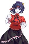  alphes_(style) black_eyes blue_hair chinese_clothes formless_god hat jiangshi miyako_yoshika ofuda outstretched_arms pale_skin parody ribbon short_hair simple_background solo star style_parody touhou zombie_pose 