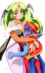  angry atorasu bad_id bad_pixiv_id banned_artist bare_shoulders bat_wings blue_skin breast_smother breasts bridal_gauntlets chinese_clothes eyebrows flipped_hair green_eyes green_hair head_wings hug jiangshi large_breasts lei_lei leotard long_hair morrigan_aensland multiple_girls pantyhose purple_hair purple_wings sweatdrop vampire_(game) wings 