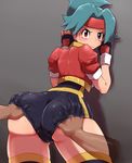  against_wall ass ass_grab bad_id bad_pixiv_id blue_hair cameltoe fingerless_gloves gloves grabbing_another's_ass groping hand_under_clothes highres hinata_(pokemon) hun looking_back pokemon pokemon_ranger pokemon_ranger_uniform red_eyes short_hair solo_focus spread_ass sweat tears thighhighs under_clothes 