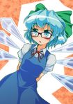  arms_behind_back bad_id bad_pixiv_id bespectacled blue_eyes blue_hair blush bow cirno dress glasses hair_bow short_hair solo tama_home touhou upper_body wings 