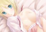  :o bad_id bad_pixiv_id blonde_hair blush bra breasts green_eyes lingerie lying medium_breasts nipples off_shoulder ohirune on_back open_clothes open_mouth open_shirt original shirt short_hair solo underwear 