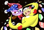  1girl alternate_eye_color bacho blonde_hair blue_eyes bow bowtie crazy_eyes crazy_smile fangs flandre_scarlet hat heterochromia jester_cap kirby_(series) marx no_arms red_eyes slit_pupils sparkle touhou wings yellow_wings 