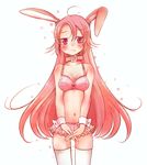  animal_ears blush bra breasts bunny_ears collar female frown lingerie long_hair navel original pink_hair red_eyes shinryo_rei shinryou_rei skirt solo thighhighs underwear white_background white_legwear white_thighhighs wrist_cuffs 