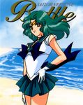  angry aqua_hair beach bishoujo_senshi_sailor_moon kaiou_michiru miniskirt official_art sailor_neptune sand skirt water wavy_hair wind 