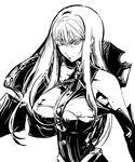  bare_shoulders breasts greyscale highres impossible_clothes impossible_shirt ishida_akira lance large_breasts long_hair military military_uniform monochrome polearm selvaria_bles senjou_no_valkyria shirt solo uniform weapon 