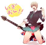  1boy axis_powers_hetalia blonde_hair crossdress crossdressing eyebrows full_body green_eyes guitar instrument male male_focus school_uniform short_hair solo thick_eyebrows united_kingdom_(hetalia) white_background 