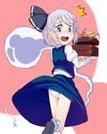  1girl black_hairband blue_eyes blush bobby_socks carrying food ghost hairband highres konpaku_youmu konpaku_youmu_(ghost) looking_back muku_(muku-coffee) obentou open_mouth panties pantyshot short_hair silver_hair simple_background socks solo tears touhou underwear upskirt white_panties 