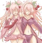  bad_id bad_pixiv_id bare_shoulders cherry closed_eyes cosplay detached_sleeves food fruit hatsune_miku kin_(chi1r0ru) long_hair megurine_luka multiple_girls navel pink_hair sakura_luka sakura_miku sakura_miku_(cosplay) skirt twintails very_long_hair vocaloid 