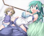  bare_shoulders blonde_hair blue_eyes blush bra breasts cleavage detached_sleeves eyes flat_chest frog green_eyes green_hair hair_ornament hair_tubes hat kochiya_sanae large_breasts lingerie long_hair midriff moriya_suwako multiple_girls muusu no_pants open_clothes open_skirt panties polka_dot polka_dot_bra short_hair skirt snake striped striped_panties touhou underwear undressing 