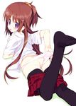  :p ass brown_hair feet from_behind long_hair looking_back lying meito_(maze) on_stomach open_clothes open_shirt original panties panty_pull pink_panties purple_eyes school_uniform shirt skirt skirt_pull solo thighhighs tongue tongue_out underwear undressing 