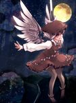  animal_ears brown_legwear dress full_moon moon mystia_lorelei night outstretched_arms pigeon-toed pink_hair red_eyes shoes short_hair smile solo spread_arms thighhighs touhou urita_(vivivinicol) winged_shoes wings 