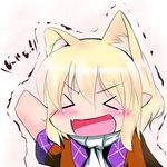  &gt;_&lt; :d animal_ears blonde_hair cat_ears cat_tail chibi closed_eyes extra_ears fang hoshizuki_(seigetsu) kemonomimi_mode mizuhashi_parsee open_mouth puru-see scarf smile solo tail touhou trembling xd 
