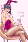  2011 animal_ears black_eyes black_hair bunny bunny_ears bunnysuit chair crossed_legs fishnet_pantyhose fishnets highres long_hair one_eye_closed original pantyhose sitting solo taru_neko 