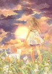  animal beast7 blonde_hair cat cloud copyright_request field flower from_behind grass highres long_hair nature sky solo sun sunset twintails 