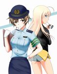  blonde_hair blue_eyes brown_eyes brown_hair clipboard female_service_cap gloves hanna-justina_marseille hat highres katou_keiko long_hair multiple_girls niki_(t26gfaxt) pencil_skirt police police_uniform policewoman short_shorts shorts skirt sunglasses uniform world_witches_series 